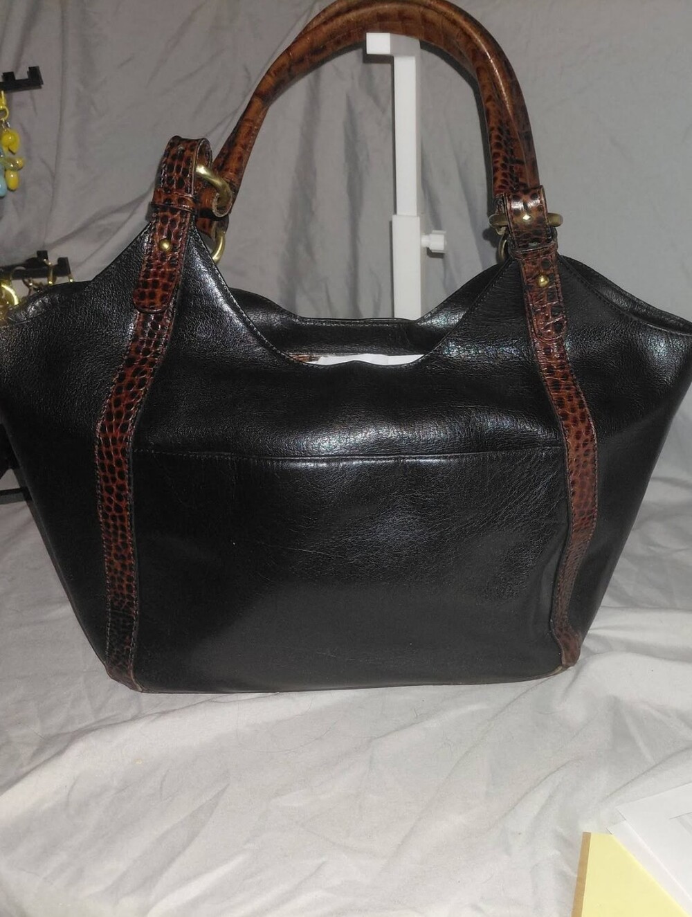 Brahmin Black Leather Shoulder Bag with Brown Croc-Textured Handles